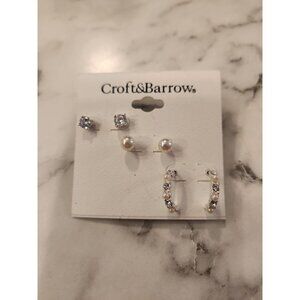 Croft & Barrow Trio Earring Set Silver Tone Faux Pearl & Rhinestone Studs & Hoop